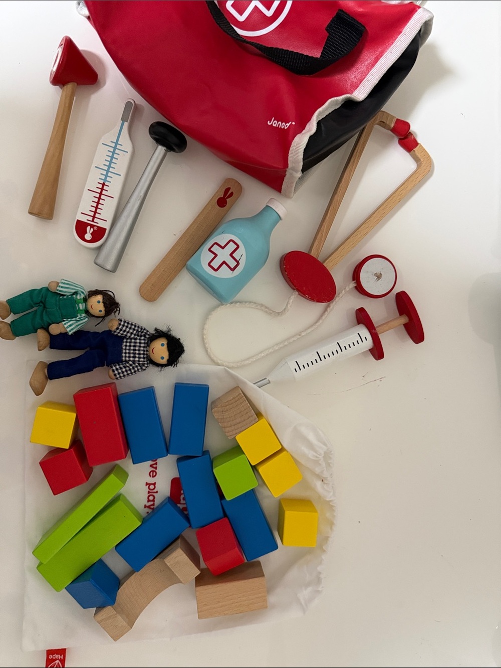 Wooden toy bundle doctor kit, stacking blocks, two wooden people